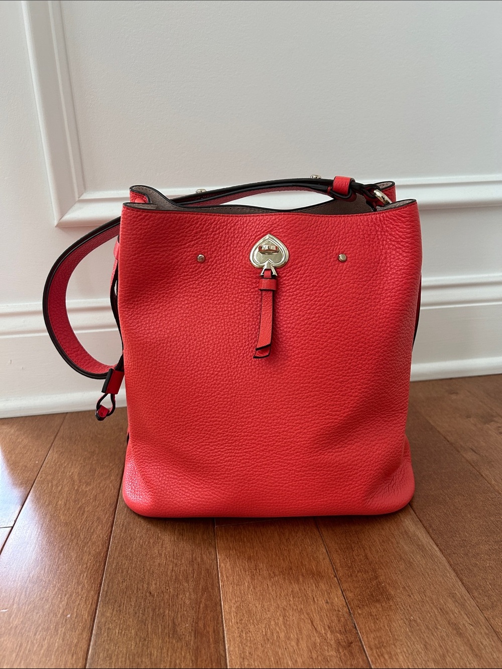 kate spade Coral-Red Pebbled Leather Bucket Shoulder Bag